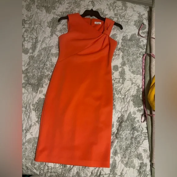 Calvin Klein sz 6 ladies twist Shoulder melon sheath dress scuba stretch bodycon - Picture 11 of 16
